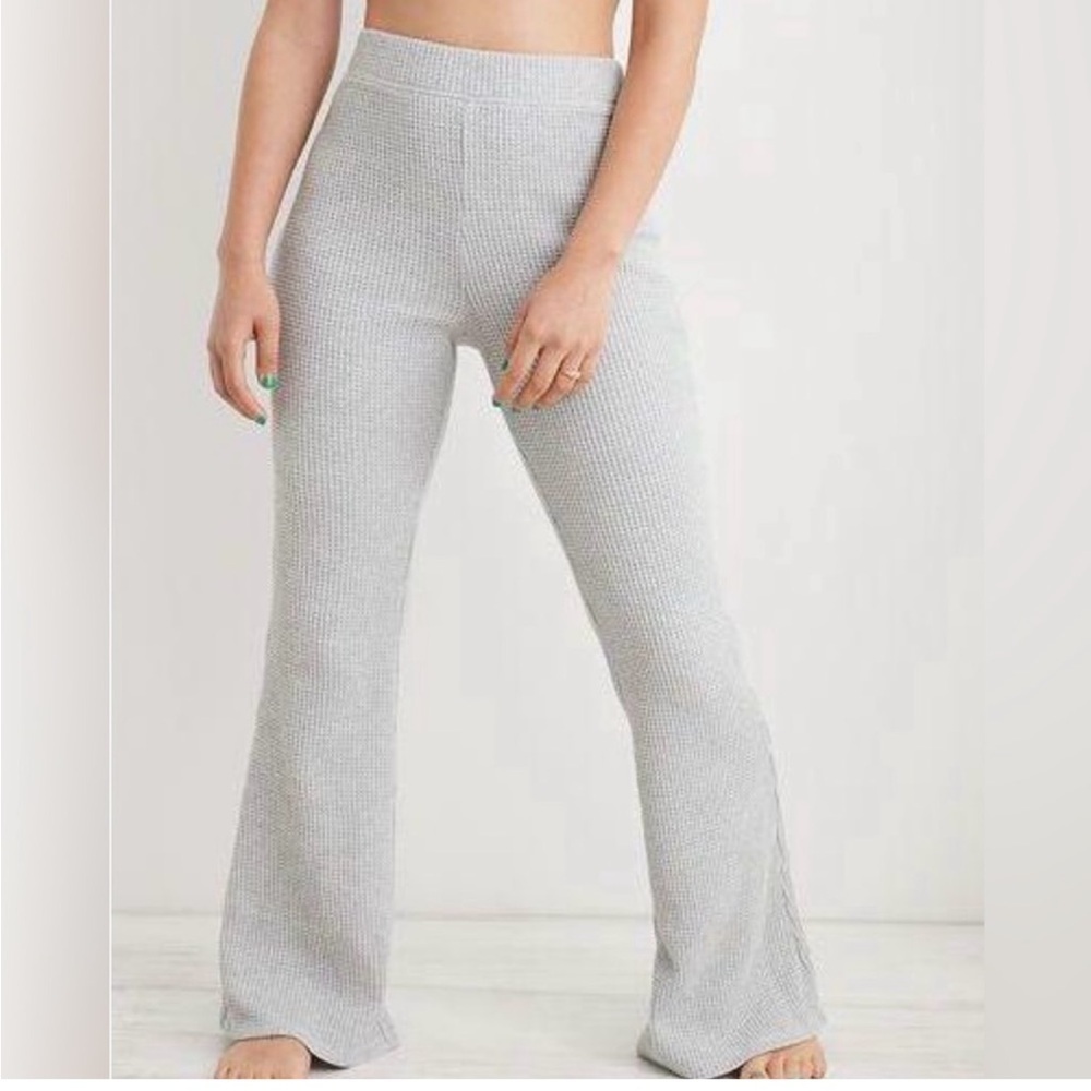 Aerie Waffle Knit gray High Waisted Flare Leggings pull lounge pants XS